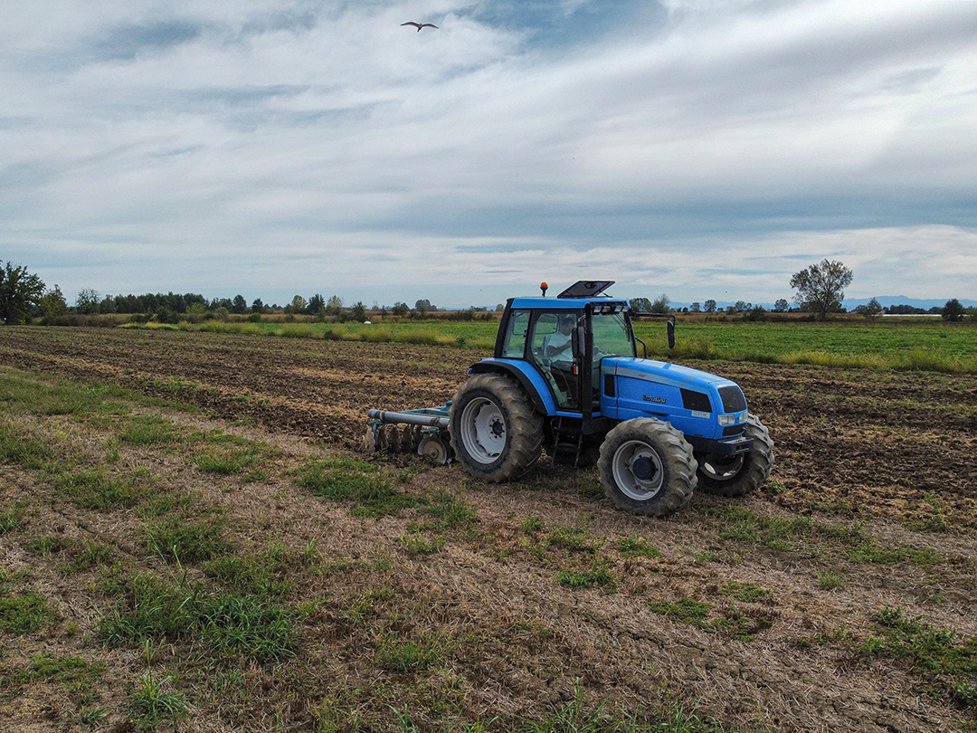 Trattrice agricola con erpice a dischi in campo aperto